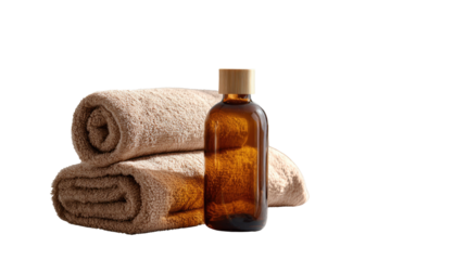 Serene Spa Still Life: A meticulously composed shot features stacked soft towels alongside a glass bottle of essential oil, promoting relaxation and rejuvenation.
