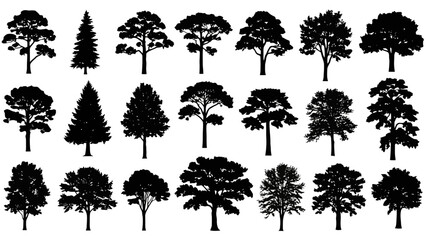 A large collection of diverse tree silhouettes in black, isolated on a white background for nature-themed graphic design