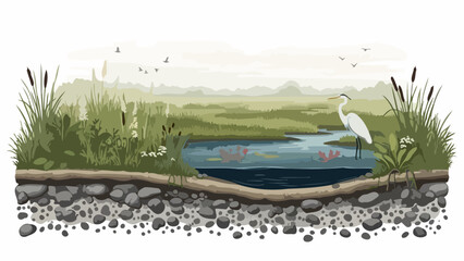 Illustrated cross-section of a serene wetland ecosystem showing the habitat of a great egret among cattails and water lilies