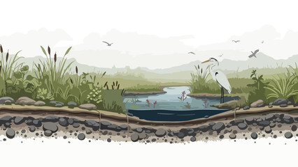 Naklejka premium Illustration of a freshwater wetland ecosystem showing a cross-section of a pond with a Great Egret hunting fish