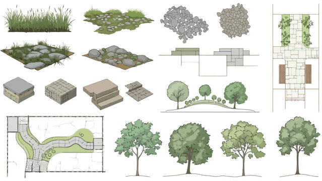 Comprehensive Collection of Landscape Design Elements Trees, Shrubs, Groundcovers, Paving, and Architectural Site Plans for Garden and Urban Planning Projects