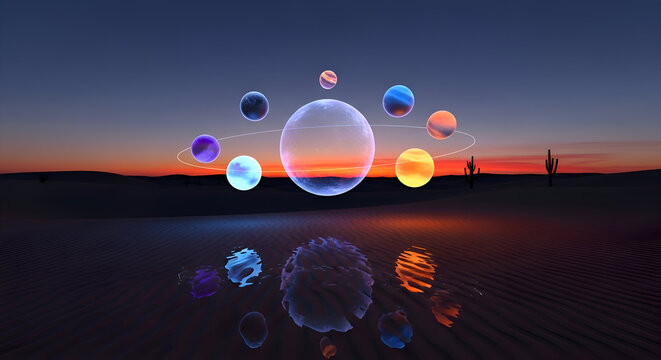 Discover the cosmos with this stunning desert sunset scene and vibrant planets, perfect for science, technology, and otherworldly designs and creative projects