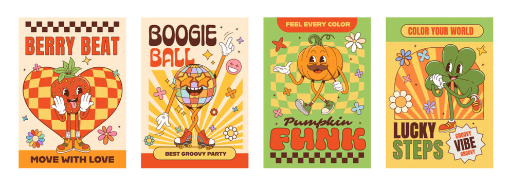 Party groovy characters posters. Retro cartoon strawberry, pumpkin vegetable, disco ball and clover personages featuring playful funky dancing with roller skates, sunglasses, and groove vintage vibes