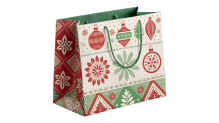 Christmas gift bag with festive ornaments and patterns isolated on transparent background isolated on white background