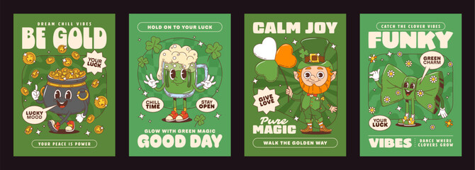 St Patrick Day irish holiday groovy characters green posters set. Retro hippie St Patrick Day vector personages, leprechaun with lucky clover, green beer, gold pot and bowtie groovy characters posters
