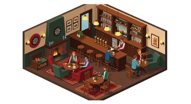 Classic English Pub Bar Vector &ndash; Traditional British Tavern with Beer, Ale, and Rustic Interior isomatric vector Illustration