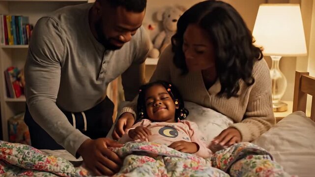 Loving parents tuck child into bed with affection and warmth