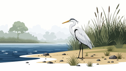 Graceful egret standing calmly on a tranquil riverbank, surrounded by tall reeds and distant misty trees, capturing a serene wetland landscape illustration