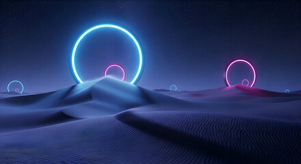 Explore a stunning abstract desert landscape with glowing neon portals under a starry night sky, perfect for modern tech, gaming, or futuristic concepts