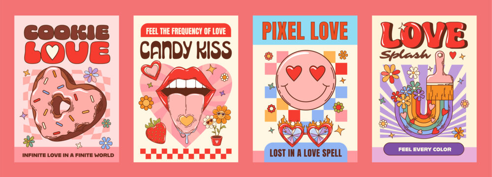 Retro party groovy love characters posters featuring heart shaped donut, daisy flowers, rainbow, lips and playful romantic expressions. Vector bright and quirky cards with y2k hippie and vintage vibes