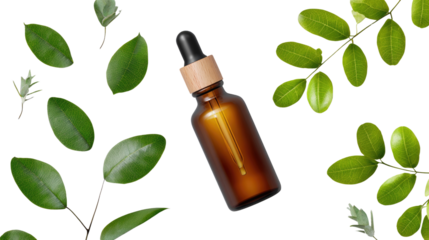 Herbal Essence: A cosmetic glass bottle sits amidst lush green leaves, evoking a sense of natural beauty and wellness, capturing the essence of pure, plant-based skincare.