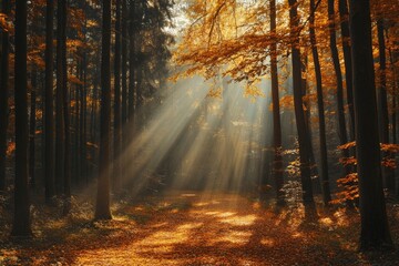 Fototapeta premium A serene autumn forest with tall trees adorned with golden leaves, a winding path leading through the center, and a soft, warm light filtering through the canopy.