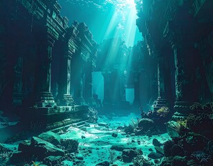 Submerged ancient ruins, sunlight piercing through ocean water