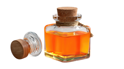 Golden Elixir: A beautifully crafted glass bottle, sealed with a cork, displays a rich, orange-hued liquid. The scene evokes a sense of timeless elegance.