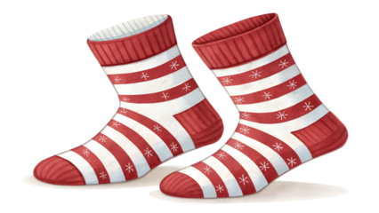 Pair of festive red and white striped christmas socks isolated on black background isolated on white background isolated on transparent background