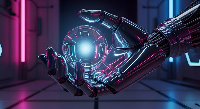 Sleek robotic hand delicately holding glowing futuristic orb in vibrant neon lit space, a symbol of innovation, technology, and cutting edge advancement