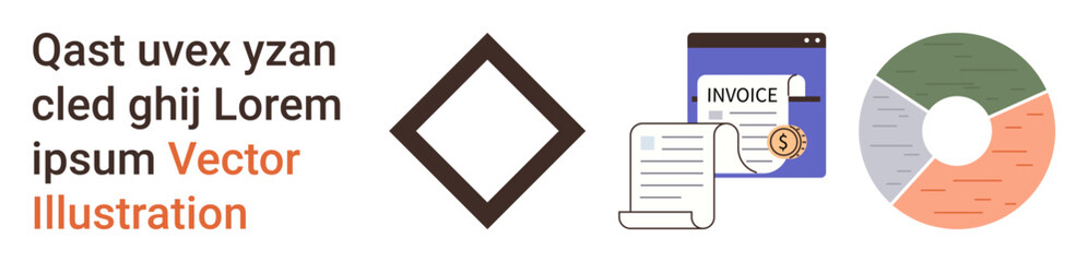 Financial management, data analysis, business reporting, accounting, documentation, billing systems. Image shows an invoice sheet, a diamond icon and a pie chart. Financial management and data