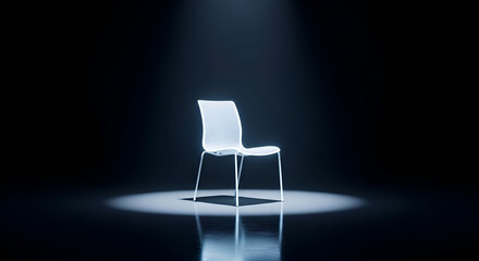 Spotlit modern chair invites contemplation and design inspiration, perfect for minimalist interiors and impactful presentations of solitude or decision making