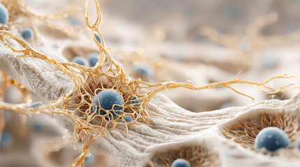 Naklejka premium Realistic medical illustration of osteocytes in a lacunar canalicular network within mineralized bone matrix showing dendritic signal pathways 
