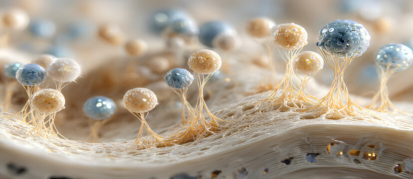 Realistic medical illustration of osteocytes in a lacunar canalicular network within mineralized bone matrix showing dendritic signal pathways
