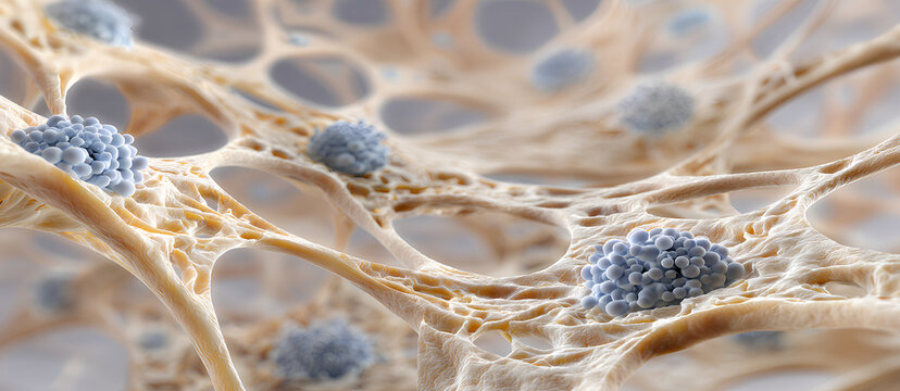 Realistic medical illustration of osteocytes in a lacunar canalicular network within mineralized bone matrix showing dendritic signal pathways
