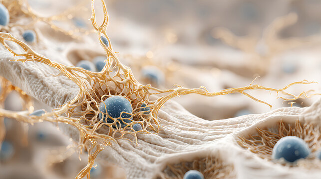 Realistic medical illustration of osteocytes in a lacunar canalicular network within mineralized bone matrix showing dendritic signal pathways
