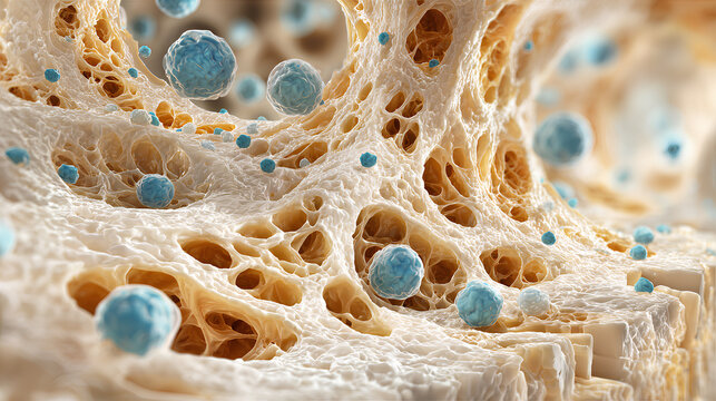 Realistic medical illustration of osteocytes in a lacunar canalicular network within mineralized bone matrix showing dendritic signal pathways
