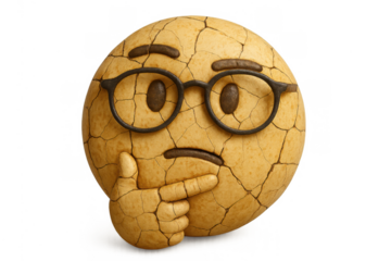 Cracked thinking emoji wearing glasses, representing contemplation, problem-solving, environmental concerns like drought, and global warming