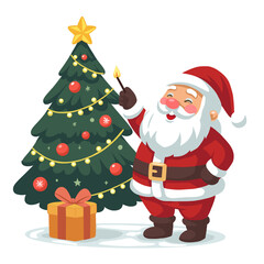 Fototapeta premium Joyful Santa Claus illuminates a festive Christmas tree with a cheerful smile, ready for holiday magic and seasonal celebrations with a beautifully wrapped gift