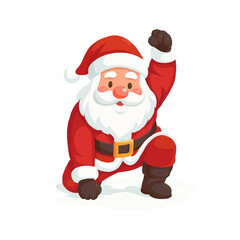 Joyful Santa Claus kneeling with fist raised, bringing festive cheer and holiday spirit for Christmas celebrations and heartwarming seasonal designs