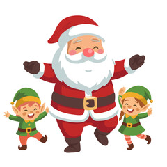 Santa Claus celebrates Christmas with joyful elves, spreading holiday cheer and festive spirit for heartwarming Christmas cards and delightful seasonal designs
