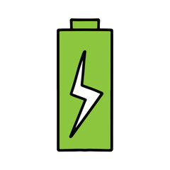 Hand Drawn battery charging icon vector.  Green full battery with lightning bolt doodle