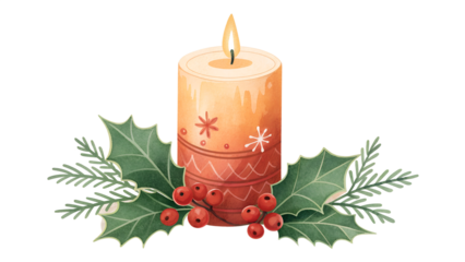 Christmas candle with holly and berries isolated on transparent background isolated on white background