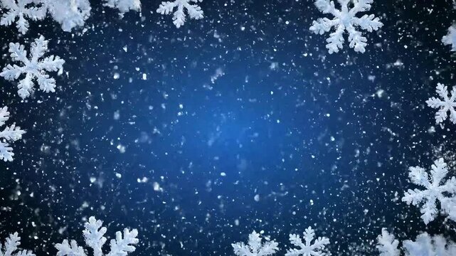 Snowflakes falling on a dark blue background with a border of large white snowflakes, winter holiday season.