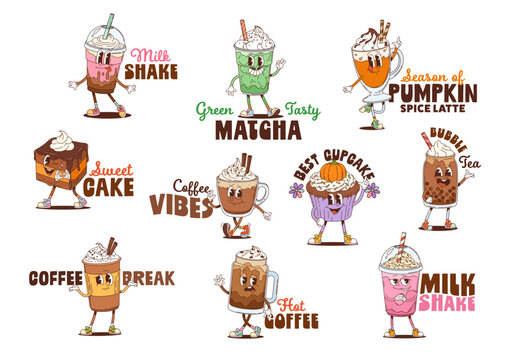 Y2K groovy desserts and drinks cartoon character stickers with funny faces, vector sweets. Cartoon groovy stickers of coffee, hot chocolate with brownie cake, milkshake and matcha tea with cupcake