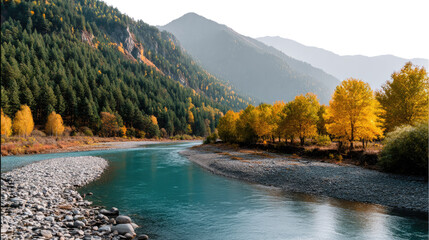 Fototapeta premium Serene Riverside Panorama: A breathtaking view unfolds, showcasing a tranquil river winding through a valley, flanked by lush forests and majestic mountains.