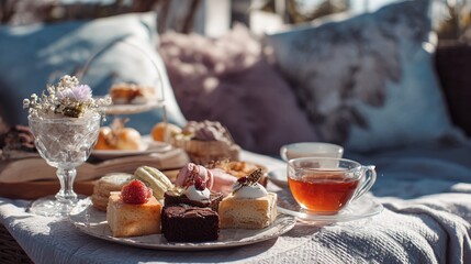 Naklejka premium Indulge in Elegant Afternoon Tea with Delicate Cakes and Refreshing Brew, Perfect for Relaxing Moments and Sophisticated Gatherings, Creating a Charming and Delightful Experience