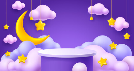 3d kids podium with night sky stars, moon and clouds. Cartoon vector dreamy circular scene with round platform, soft clouds, crescent moon and hanging stars. Magical background for showcasing products