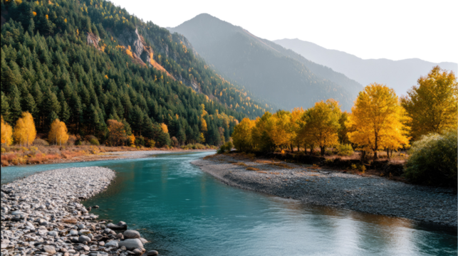 Serene Riverside Panorama: A breathtaking view unfolds, showcasing a tranquil river winding through a valley, flanked by lush forests and majestic mountains.