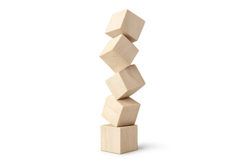 Obraz premium Wooden cubes balancing in a high stack, showing instability, risk, and a precarious structure, isolated on a transparent background