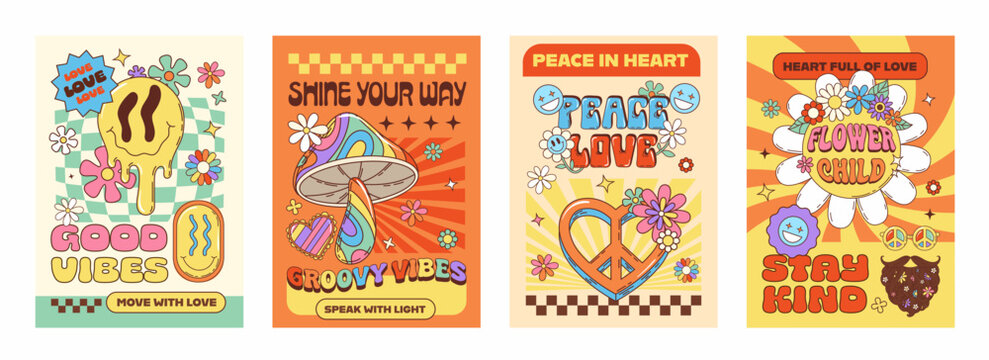 70s hippie groovy characters posters. Retro psychedelic cards with cheerful messages, smiling faces, colorful mushrooms, peace signs, flowers and bold typography, evoking free spirited vibe of the 60s