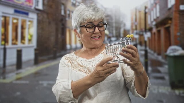 Woman holding miniature shopping cart with hands, smiling and looking at tiny trolley on a shopping street; senior consumer joy.