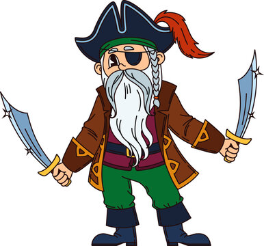 Old bearded corsair pirate cartoon funny character. Corsair sailor fighter personage, filibuster bandit vector mascot. Pirate captain funny character with long grey beard, eye patch and two swords
