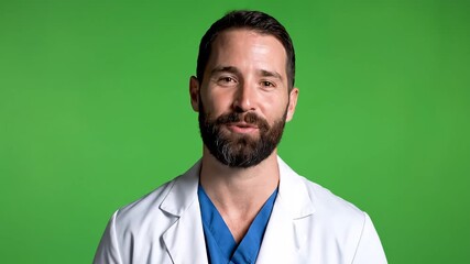 Confident Doctor Smiling in Studio with Green Screen A Medical Professional in a White Coat Radiating Positivity and Expertise for Healthcare Concepts.
