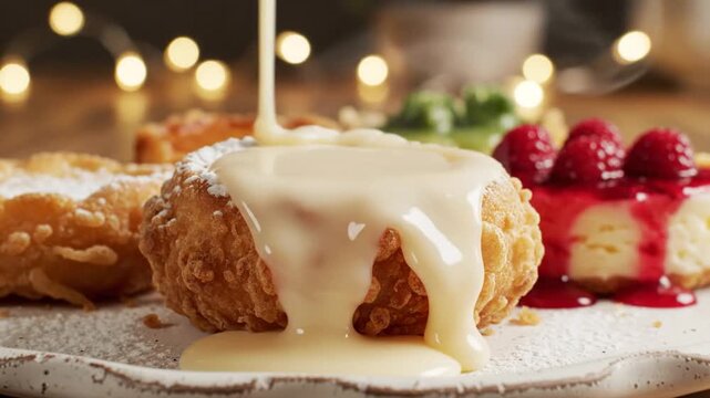 Dessert food with white sauce pouring