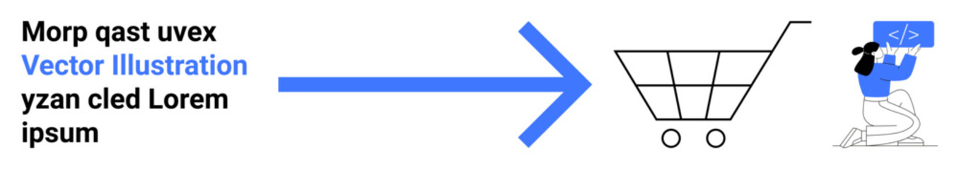 E-commerce, online shopping, web development, digital transactions, consumer behavior, programming. Shopping cart with blue arrow pointing to a coding developer symbol. E-commerce and web development