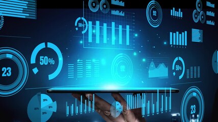 A vibrant display of futuristic data visualization projected from a tablet, showcasing diverse graphs and analytics for modern business intelligence and decision-making. Xenic - Powered by Adobe