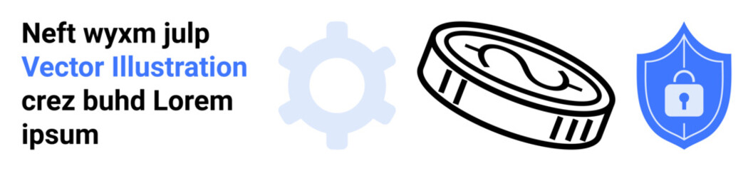 Digital currency, cybersecurity, blockchain, financial security, decentralized finance, online privacy. Gear, coin and shield icons in a structured layout. Cryptocurrency and cybersecurity theme