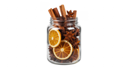 Glass jar filled with cinnamon sticks dried orange slices and star anise isolated on a transparent background