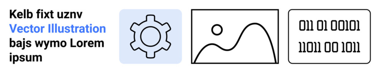 Gear for settings, picture for design or art, binary code for programming or data. Ideal for tech projects, creativity, digital art, coding, software, automation simple landing page